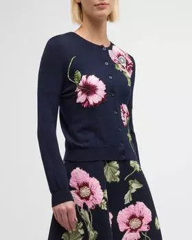Шерстяной вязаный кардиган с вышитыми нитками маками Oscar de la Renta, цвет Navy Pink