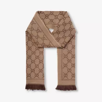 Шерстяной вязаный шарф с бахромой и узором «монограмма» Gucci, коричневый