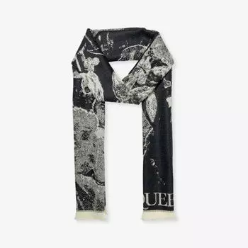 Шерстяной вязаный шарф с цветочным узором и бахромой Alexander Mcqueen, черный