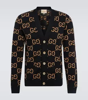 Шерстяной жаккардовый кардиган с узором GG Gucci, черный