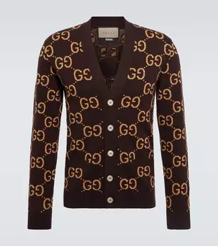 Шерстяной жаккардовый кардиган с узором GG Gucci, коричневый