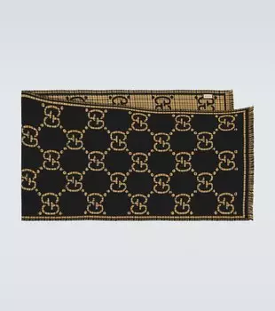 Шерстяной жаккардовый шарф с узором GG Gucci, черный