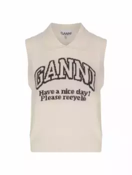 Шерстяной жилет с логотипом Ganni, бежевый