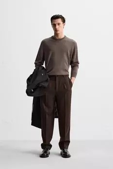 Шерстяные плиссированные брюки ZARA, темно-коричневый