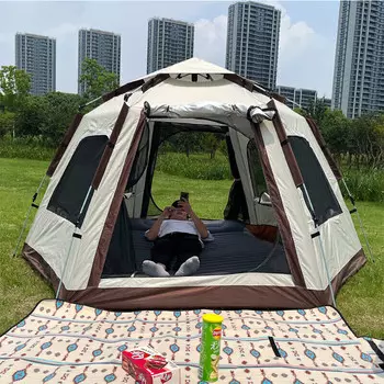 Шестиугольная палатка Jingdian Guangnian, полностью автоматическая палатка, шестиугольная палатка на 5/8 человек, серебряная пластиковая палатка (с белым краем), одиночная палатка, 3/4 человека
