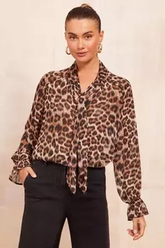 Шифоновая блузка с длинными рукавами и анималистичным принтом на шее Friends Like These, коричневый