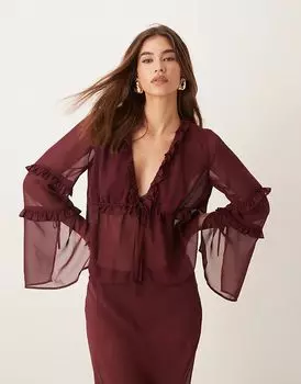 Шифоновая блузка с оборками бордового цвета ASOS DESIGN