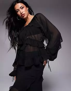 Шифоновая блузка с оборками и завязками черного цвета River Island