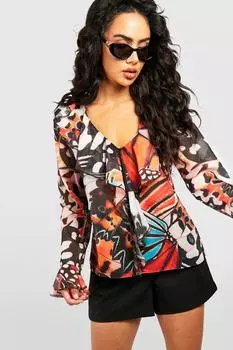 Шифоновая блузка с принтом бабочки и руфлами Boohoo, черный