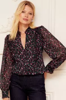 Шифоновая блузка с V образным вырезом и длинными рукавами, плиссированная Love & Roses, фиолетовый