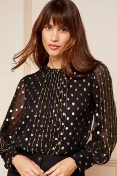 Шифоновая блузка с высоким вырезом и металлизированной отделкой Love & Roses, черный