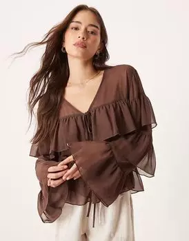 Шифоновая блузка с завязками спереди и оборками шоколадного цвета от ASOS DESIGN