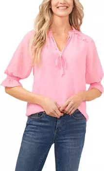 Шифоновая блузка в горошек с разрезом на клипсе CeCe, цвет Pink Begonia