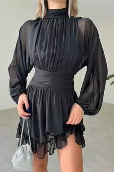 Шифоновая ткань на подкладке, вырез сзади, черное вечернее платье с длинными рукавами lovebox, черный