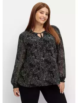 Шифоновая туника Sheego "Большие размеры", миниатюрного кроя, с цветочным принтом, черный