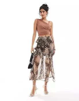 Шифоновая юбка макси с асимметричными воланами и анималистичным принтом Miss Selfridge
