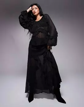 Шифоновая юбка макси с оборками черного цвета River Island