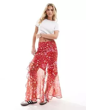 Шифоновая юбка макси с оборками в цветочный принт ASOS