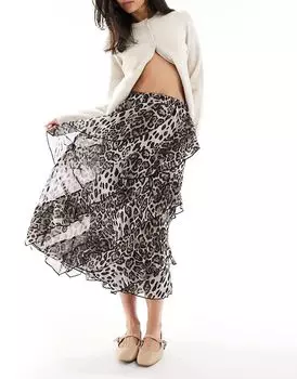 Шифоновая юбка-миди с оборками и анималистичным принтом ASOS DESIGN