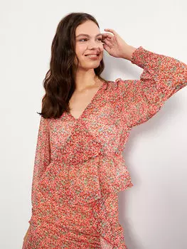 Шифоновая женская блузка с длинным рукавом и V-образным вырезом с рисунком LCW Casual, оранжевый принт