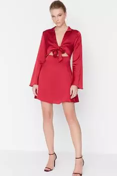 Шифоновое элегантное вечернее платье бордового цвета с завязками Trendyol, бордовый