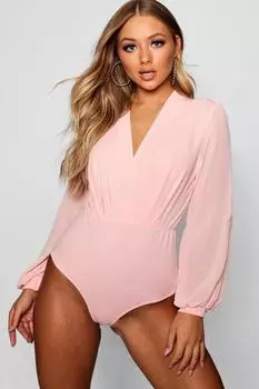 Шифоновое боди с запахом и рукавами Boohoo, розовый