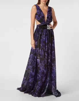 Шифоновое длинное платье с цветами Philipp Plein, черный