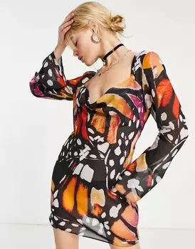 Шифоновое мини-платье ASOS с объемным принтом-бабочкой и открытой спиной