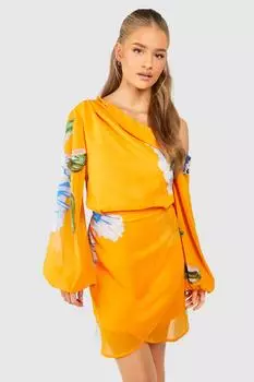 Шифоновое мини-платье на одно плечо с цветочным принтом boohoo, желтый