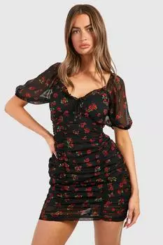 Шифоновое мини-платье с цветочным принтом и рюшами boohoo, черный