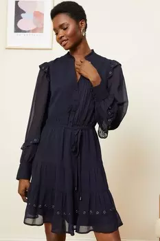Шифоновое мини-платье с длинными рукавами и поясом Love & Roses, синий
