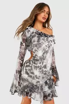 Шифоновое мини-платье с леопардовым принтом и рюшами boohoo, черный