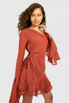 Шифоновое мини-платье с вырезами и длинными рукавами boohoo, оранжевый