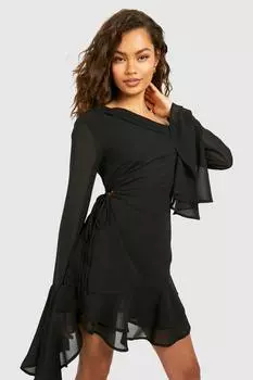 Шифоновое мини-платье с вырезами и длинными рукавами boohoo, черный