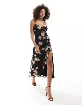 Шифоновое платье-комбинация с кружевной отделкой и крупным принтом роз Miss Selfridge