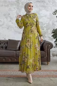 Шифоновое Платье Luis с Кружевным Воротником - Масляно-Зеленый InStyle