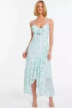 Шифоновое платье-макси на бретелях с мелким цветочным принтом и рюшами Quiz, белый