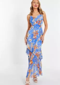 Шифоновое платье макси с абстрактным принтом и оборками по подолу Quiz, синий
