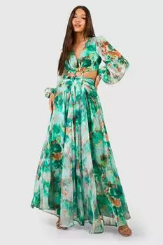 Шифоновое платье макси с цветочным принтом и вырезами boohoo, зеленый