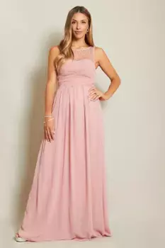 Шифоновое платье макси с драгоценными камнями и сеткой спереди KRISP, розовый