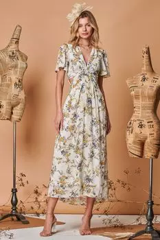 Шифоновое платье макси с глубоким вырезом и вырезом в виде замочной скважины Jolie Moi, бежевый