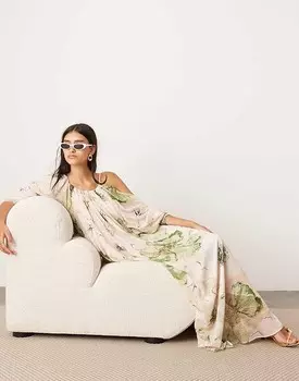 Шифоновое платье макси с открытой спиной и драпированными плечами ASOS Edition – с крупным цветочным узором
