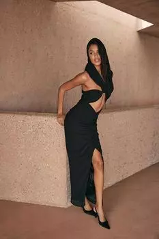 Шифоновое платье макси со сборками и вырезами с капюшоном MISSPAP, черный