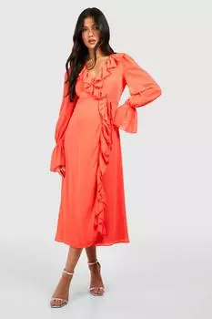 Шифоновое платье мидакси с запахом и рюшами для беременных boohoo, розовый