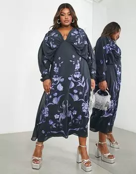 Шифоновое платье миди цвета летучей мыши с цветочной вышивкой ASOS EDITION Curve синего цвета