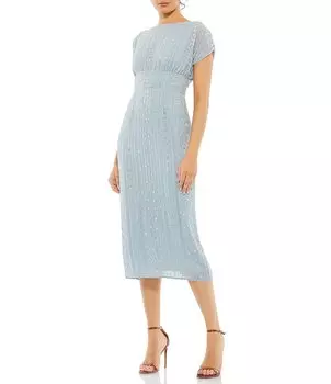 Шифоновое платье-миди Mac Duggal с короткими рукавами и вырезом лодочкой из бисера, синий