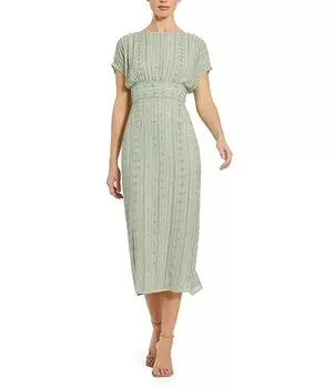 Шифоновое платье-миди Mac Duggal с короткими рукавами и вырезом лодочкой из бисера, бежевый