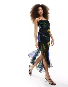 Шифоновое платье миди на бретелях ASOS с присборенным лифом, асимметричным подолом и приспущенными оборками