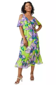 Шифоновое платье миди Petite с открытыми плечами и цветочным принтом Roman, зеленый