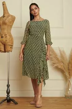 Шифоновое платье миди с цветочным принтом и оборкой Jolie Moi, зеленый